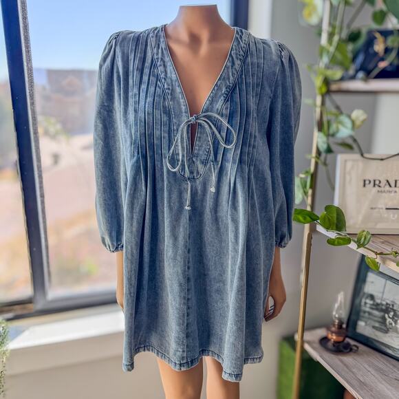 Lalavon,  Denim Pleated Bow Tie Front Long Sleeve Mini Dress, Women’s Large - Picture 12 of 13